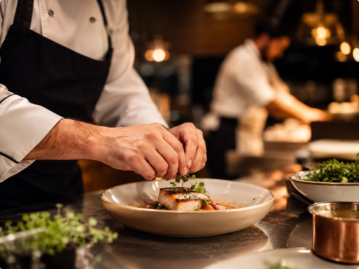 Chef carefully plating a restaurant dish in a warm kitchen