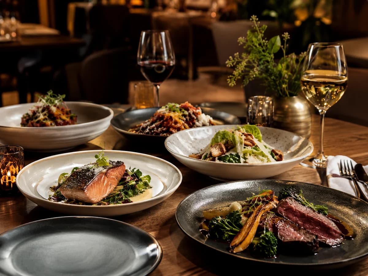 Elegant restaurant table with several plated dishes